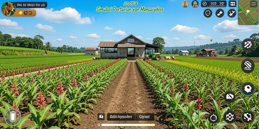Gameplay ADS508 menampilkan lahan pertanian yang subur dan aktif.