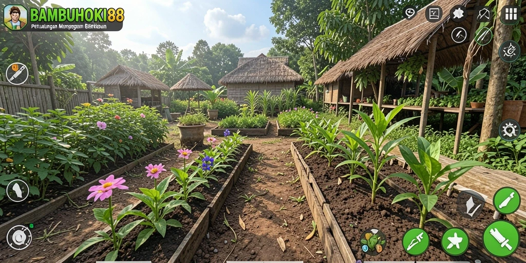 Screenshot menunjukkan gameplay seru berkebun di BAMBUHOKI88.