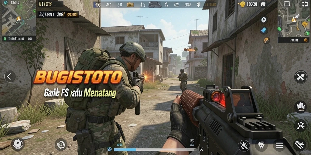 Tangkapan layar gameplay utama BUGISTOTO dengan aksi tembak-menembak intens.