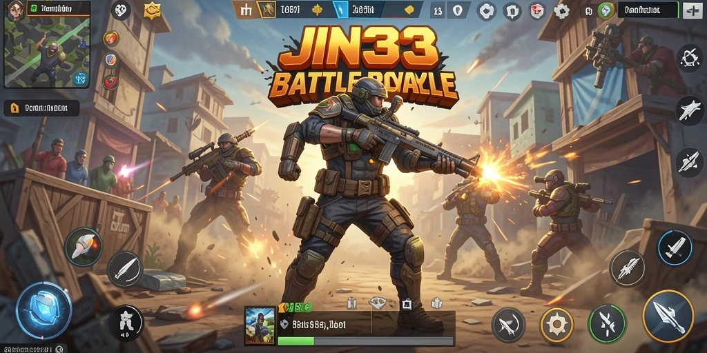 Tangkapan layar utama JIN33 menampilkan aksi intens dalam pertempuran Battle Royale.