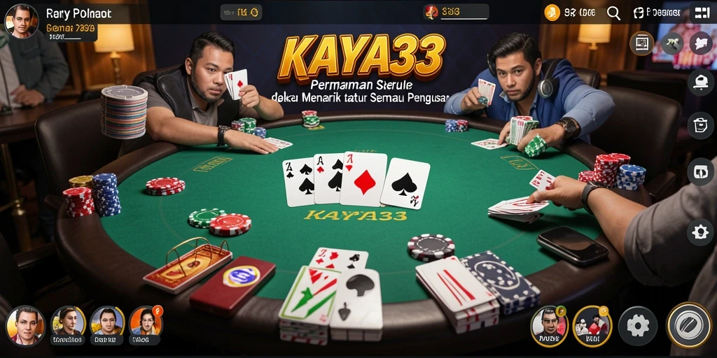 Screenshot gameplay KAYA33 dengan tampilan meja poker yang menarik.