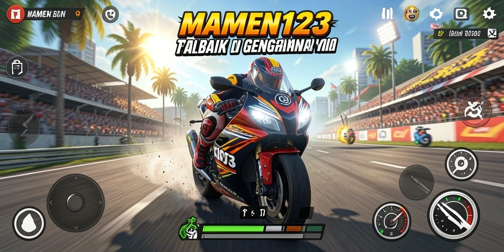 Screenshot MAMEN123 menampilkan aksi balap motor yang mendebarkan.