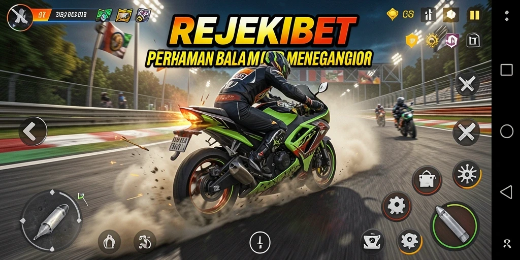Tangkapan layar dari REJEKIBET menampilkan aksi balap motor yang intens.