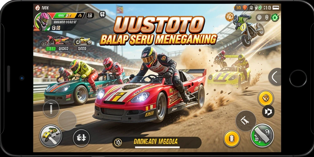 Gameplay UUSTOTO menampilkan balapan seru dengan lintasan yang menantang.